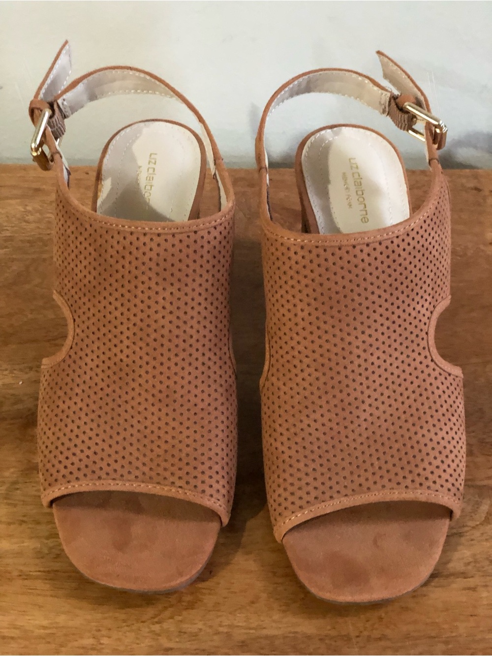 Liz Claiborne Perforated Tan Suede Peep-Toe Slingback Sandals